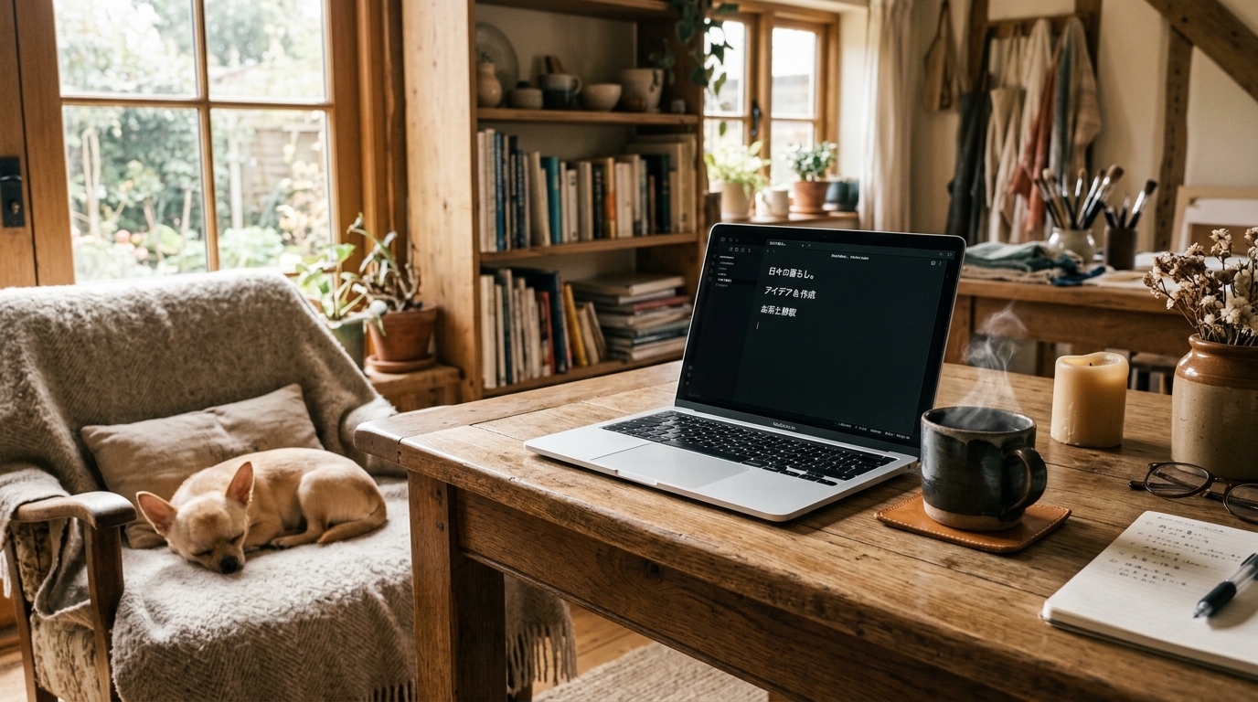 Obsidianの開かれたMacBookとコーヒー、足元で眠るチワワのそら