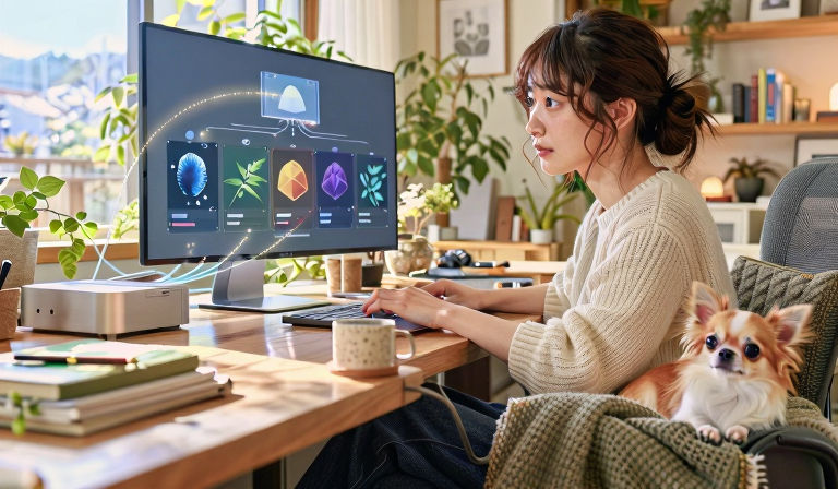 女性とそらちゃんが、Macの画面の画像生成結果を見ている。