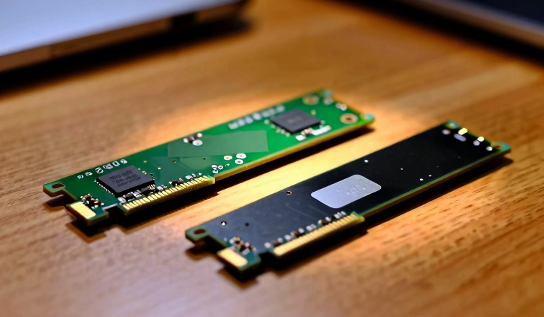 机に並べた、形の異なるM.2 SSDモジュール2枚。