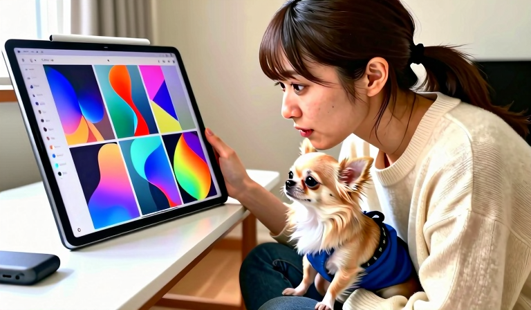 床座りでタブレットの画像候補を見比べる女性と、隣に座るそらちゃん。