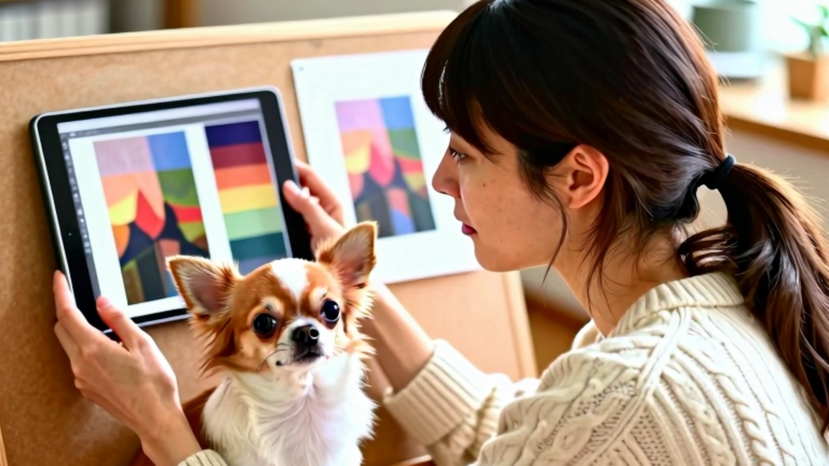 女性がタブレットを持ち、そらちゃんと画像案を見比べる