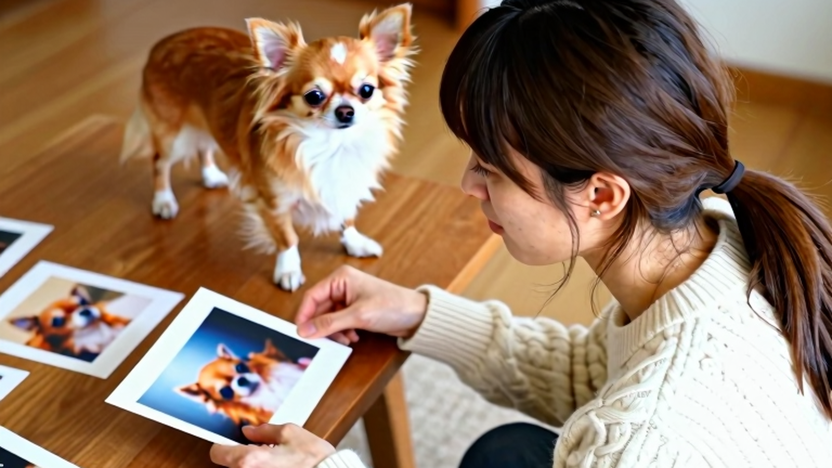 女性が印刷した風景と色の画像候補を選び、そらちゃんがそばで見守る