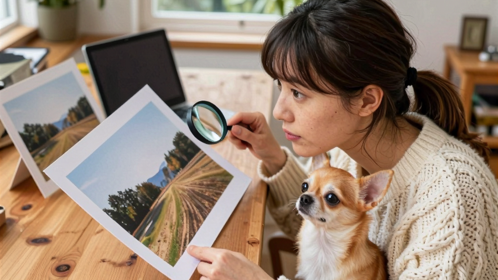 女性が拡大した写真をルーペで確かめ、そらちゃんがそばで見守る
