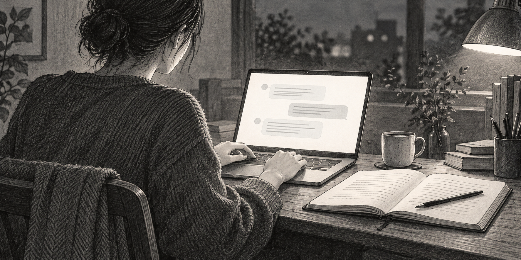 ChatGPTとの対話も、考えを言葉にする時間だったをイメージしたモノクロームの挿絵