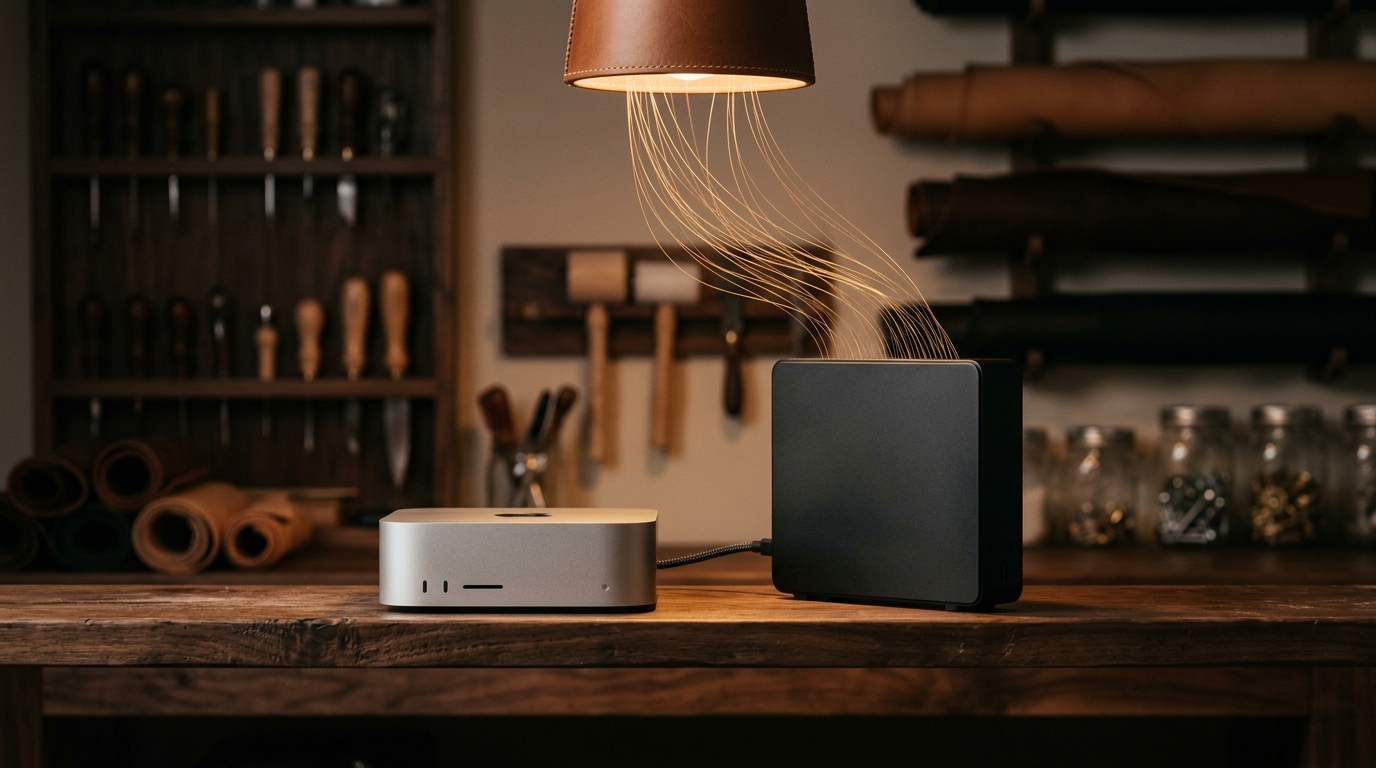Mac miniと外付けHDDに光の糸が流れ込む
